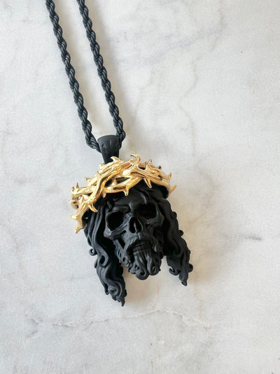 Chuey Quintanar Matte Black & Gold Vermeil Jesus Skull piece - 25 In Rope Chain Necklace