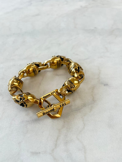 ROOM101 GOLD PLATED STAINLESS STEEL SKULL LINK BRACELET, 9.5"