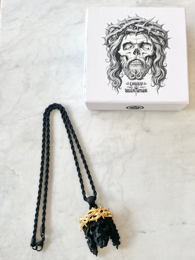 Chuey Quintanar Matte Black & Gold Vermeil Jesus Skull piece - 25 In Rope Chain Necklace