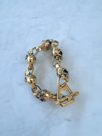 ROOM101 GOLD PLATED STAINLESS STEEL SKULL LINK BRACELET, 9.5"